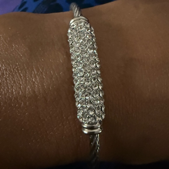 Silver Tone Twisted Stainless Steel Pave Bar Rhinestone Bangle Bracelet $55 - Picture 1 of 3